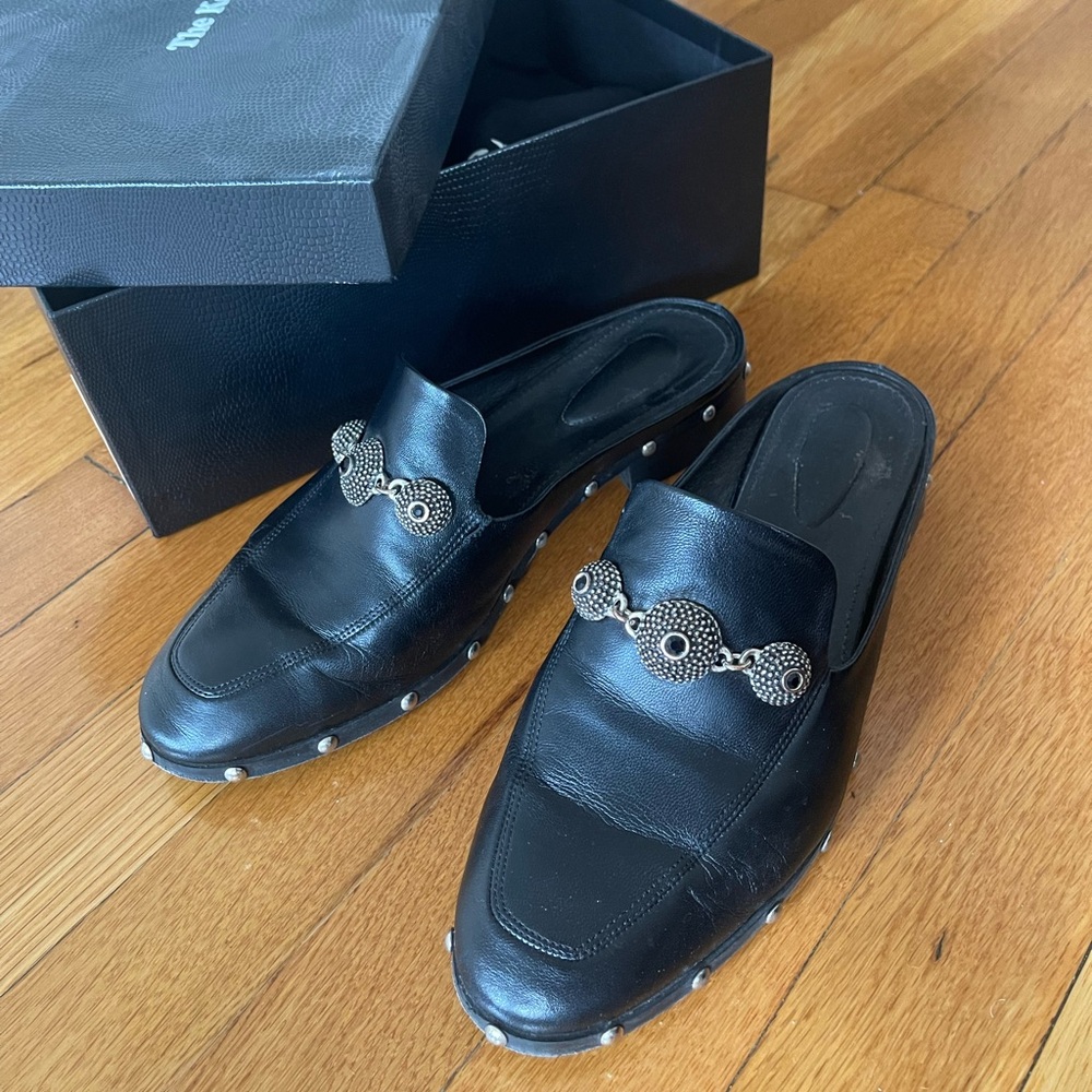 The Kooples Black Leather Mule Loafers Silver Hardware Size 40